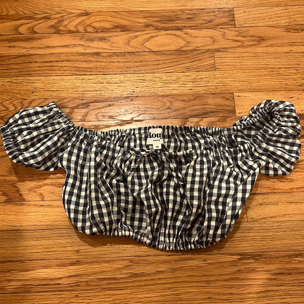 Rouje Navy and White Gingham Off-Shoulder Crop Top- EUC like new